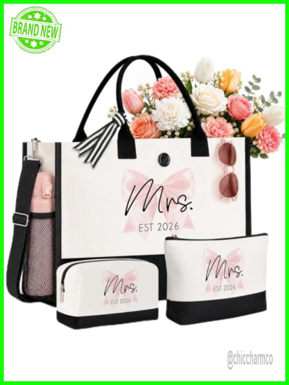 Canvas Bride Tote Bag Set 3-Piece Mrs EST 2026 Bridal Shower Gift Makeup Bags